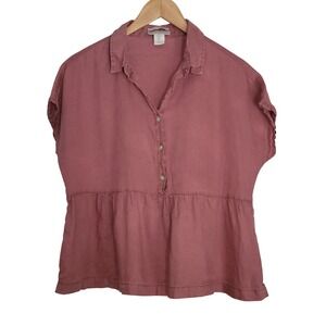Cynthia Rowley 100% Linen Peplum Blouse Pink Short Sleeve Button M